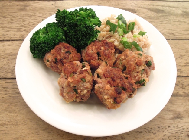 Asian Pork Meatballs served with brown rice and steamed broccoli